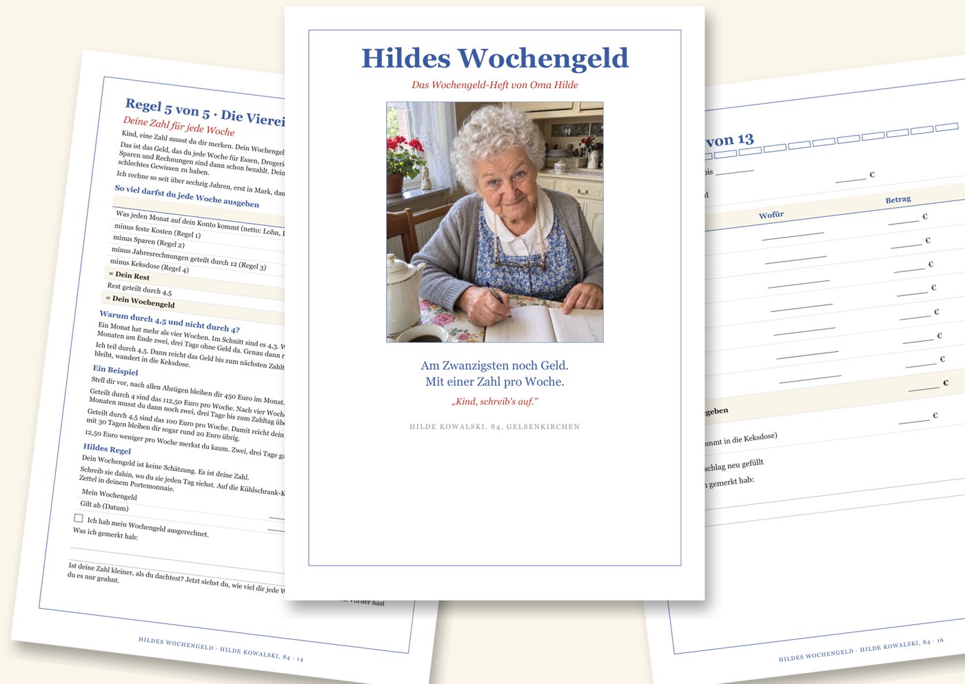 Drei Seiten aus Hildes Wochengeld: das Cover, Regel 5 und eine Wochenkarte