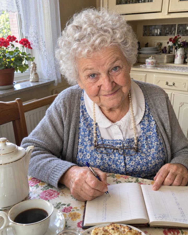 Oma Hilde am Küchentisch mit ihrem Haushaltsbuch